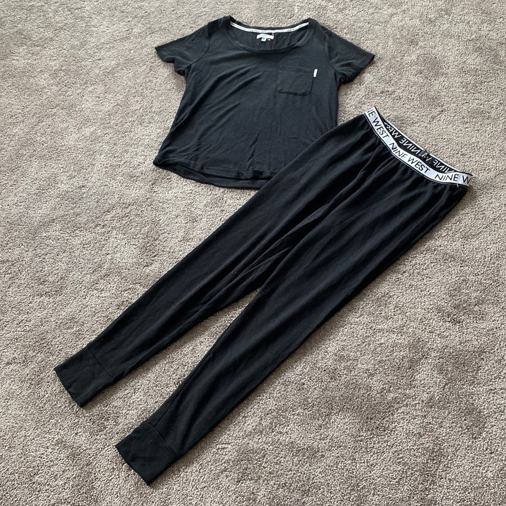 Nine West Black Pajama Set Short Sleeve Top Jogger Pants Lounge SIZE M